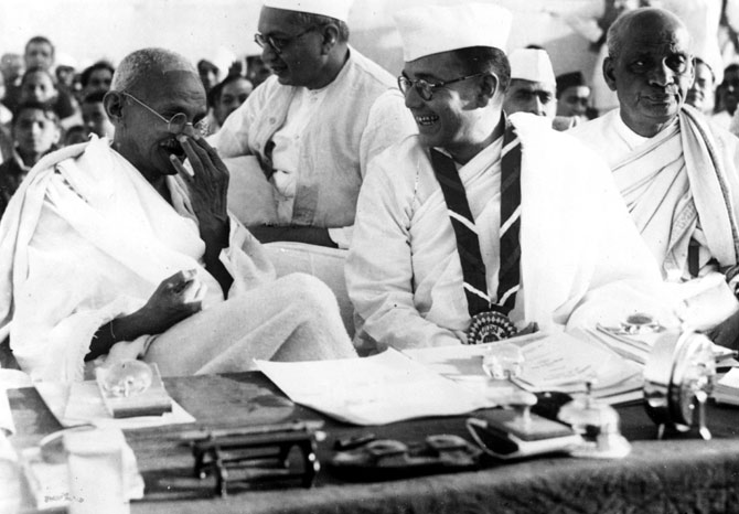 Mahatma Gandhi, Subhas Chandra Bose and Sardar Vallabhbhai Patel at the 51st session of the Indian National Congress.