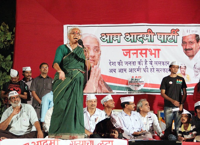 Medha Patkar addresses a rally in Kanamwar Nagar in suburban Vikhroli.