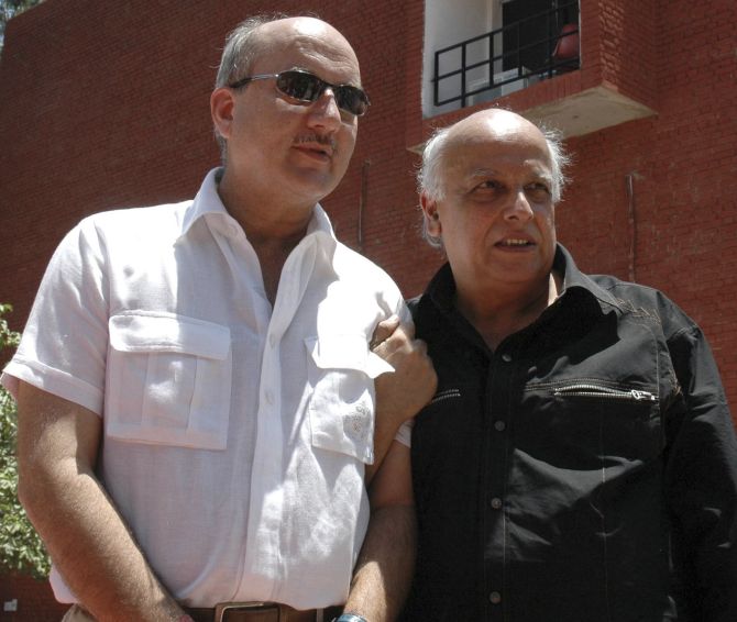 Actor Anupam Kher, left, whose wife Kirron Kher is the BJP candidate from Chandigarh, with his mentor Mahesh Bhatt.