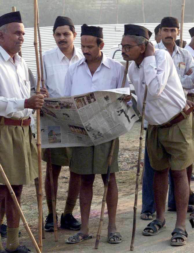 Volunteers of the Rashtriya Swayamsevak Sangh at Shastri Puram, near Agra.