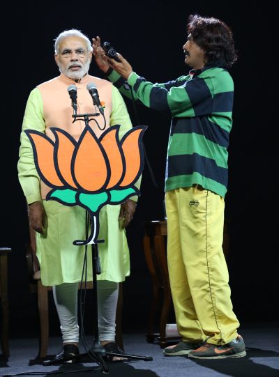 Narendra Modi being filmed  on hologram for his election campaign. Photograph courtesy: Senthil Kumar