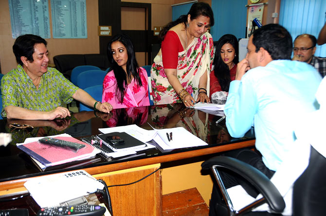 Moon Moon Sen is accompanied by her husband Bharat Dev Varma, and her daughters as she files her nomination papers.