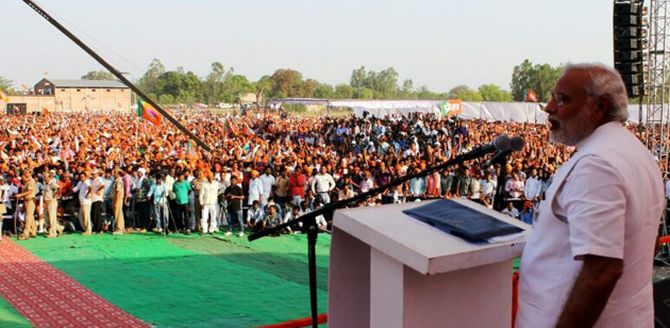 BJP's Narendra Modi arrived at Amethi amid much cheering and chants.