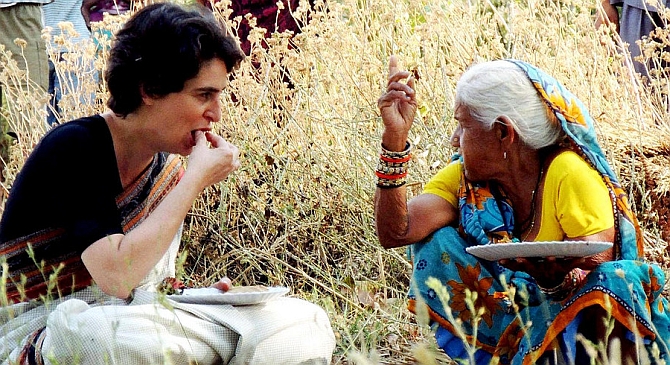 Priyanka Gandhi shares a meal with a local from Rae Bareli  