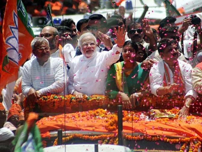 Narendra Modi during the road show before filing his nomination in Varanasi.