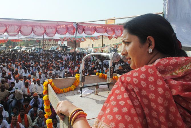 The BJP's Smriti Irani addresses a rally at Musafirkhana in Amethi.