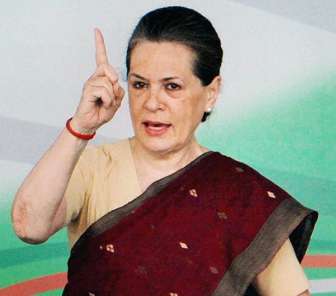Congress Sonia Gandhi addresses an election rally.
