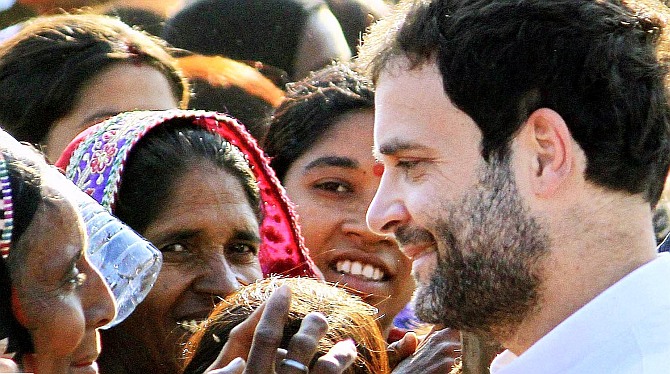 Rahul Gandhi interacts with women voters.