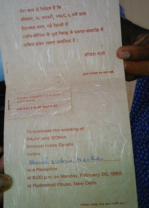 A close-up of the Sonia Maino-Rajiv Gandhi wedding card.