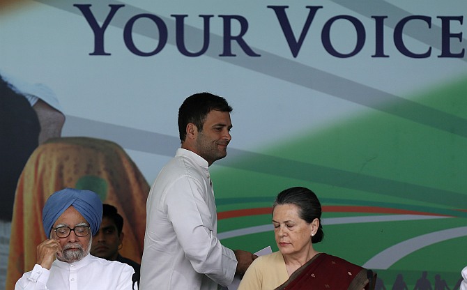 Congress Vice-President Rahul Gandhi with his mother Sonia Gandhi and Prime Minister Manmohan Singh.