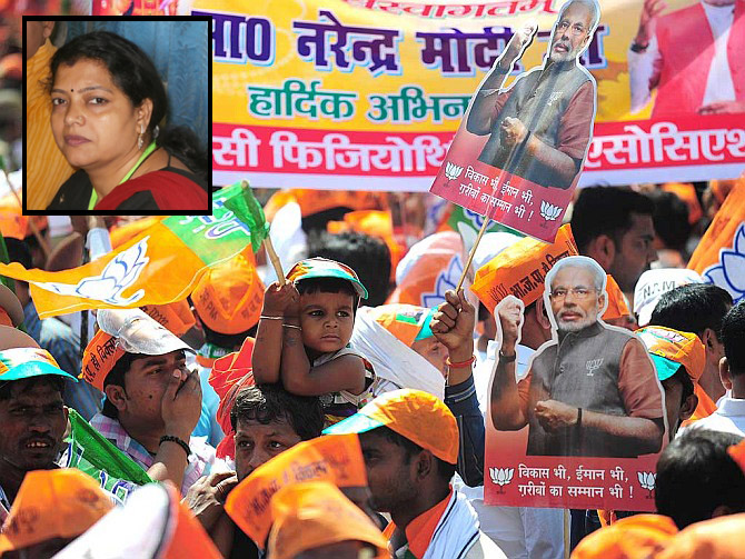 Supporters wave BJP flags in Varanasi. Inset: Dr Babita Tiwari.