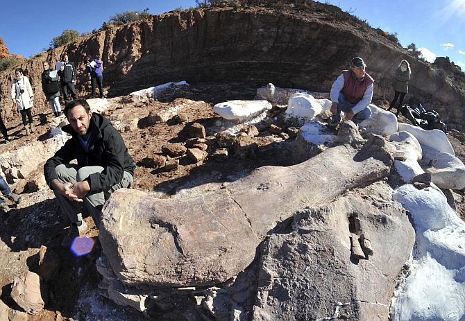 Paleontologists pose next to the bones of the dinosaur 