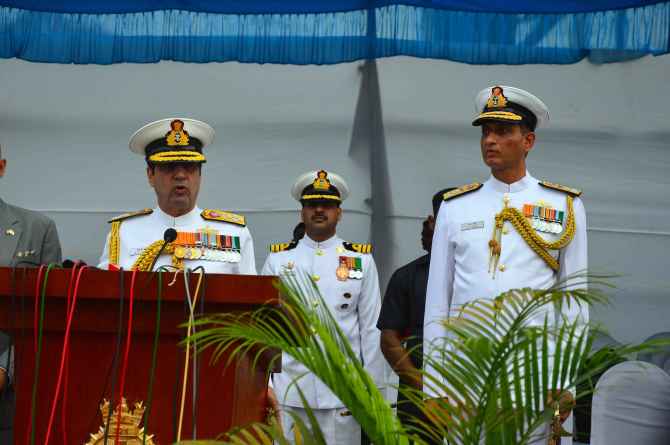 Chief of the Naval Staff Admiral R K Dhowan addresses the Western Naval Command in Mumbai