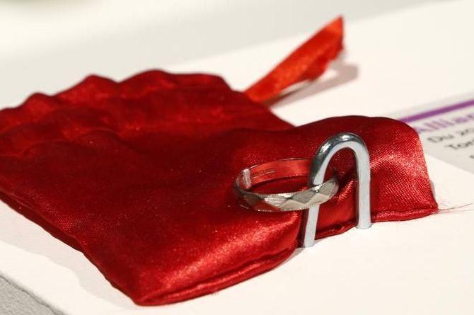 A wedding ring is displayed at the Museum of Broken Relationships.