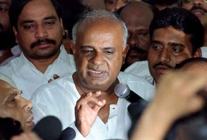 H D Deve Gowda speaks to the media after a crucial meeting with United Front constituents in New Delhi, May 29, 1996. Photographs: Kamal Kishore/Reuters
