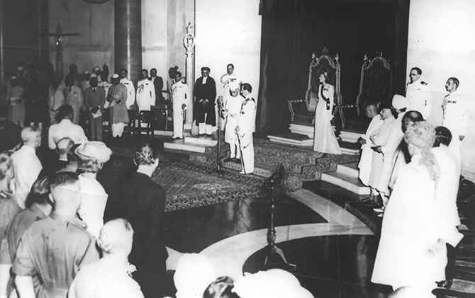 Jawaharlal Nehru being sworn in as India's first prime minister on August 15, 1947.