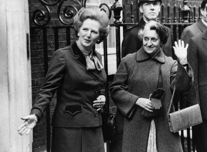 Indira Gandhi with her British counterpart Margaret Thatcher outside 10, Downing Street in London, March 1982.