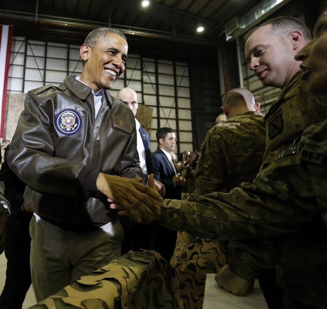 US President Barack Obama meets troops at Bagram Air Base in Kabul, May 2014.  Photograph: Jonathan Ernst/Reuters