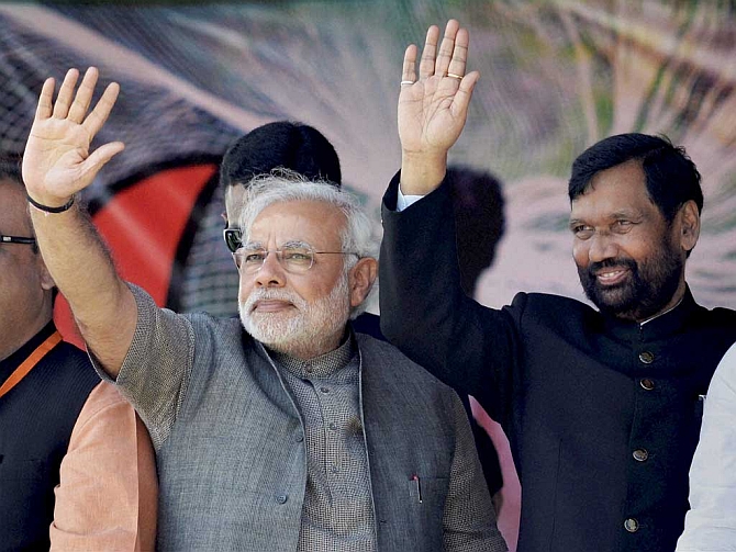 Modi with Lok Janshakti Party leader Ram Vilas Paswan, who is given charge of the ministries of consumer affairs, food and public distribution