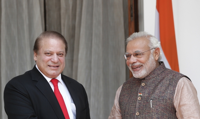 Prime Minister Narendra Modi and his Pakistani counterpart Nawaz Sharif ahead of the start of their bilateral meeting in New Delhi.