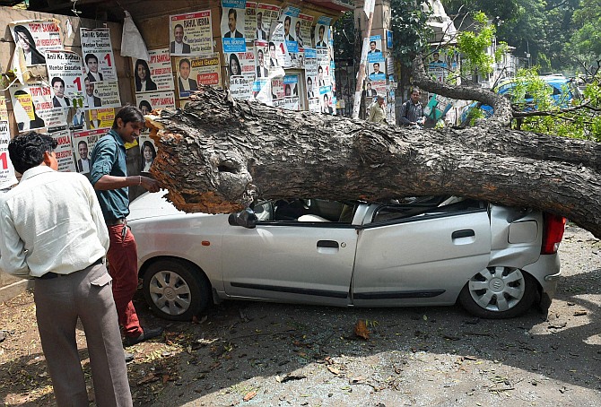 A tree log crushing a car at Patiala House court in New Delhi on Saturday. The tree fell in the Fridays storm