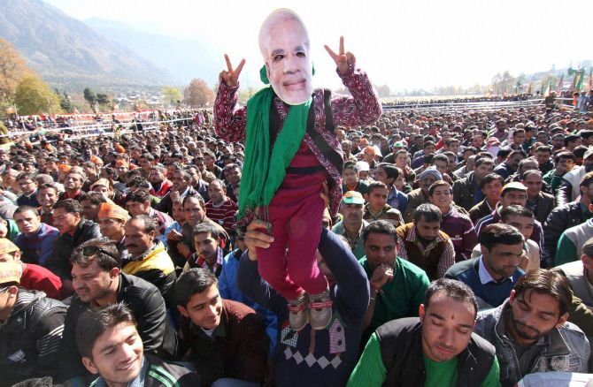 BJP supporters at Prime Minister Narendra Modi's election rally in Kishtwar, Jammu and Kashmir. Photograph: PTI Photo