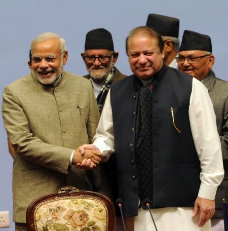 Narendra Modi and Nawaz Sharif at the recent SAARC summit in Nepal