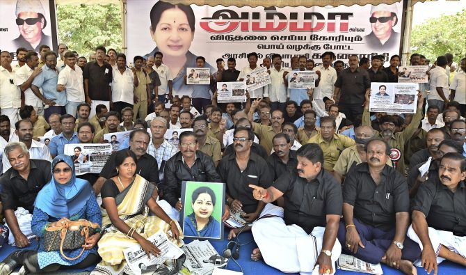 Members of the Tamil Nadu State Transport Corporation on a hunger strike in Chennai, protesting against AIADMK chief J Jayalalitha's conviction in the disproportionate assets case. Photograph: PTI photo