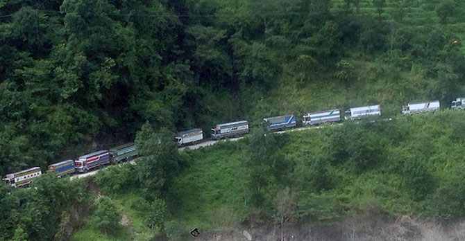 The landslide at Jurey in Nepal caused a huge pileup of trucks