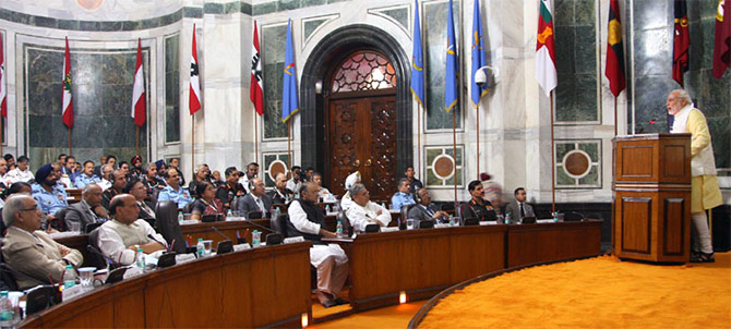 Prime Minister Modi addresses the Combined Commanders Conference in New Delhi on October 17, 2014.