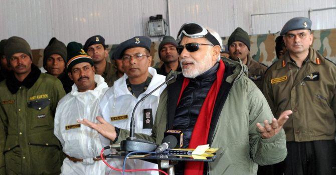 Prime Minister Narendra Modi at the Siachen Glacier. Photograph: Press Information Bureau