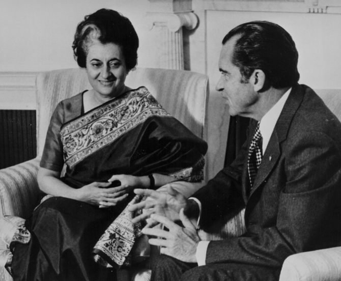 Prime Minister Indira Gandhi and US President Richard Nixon, talking at the White House, Washington, DC, USA on November 9 1971. Photograph: Keystone/Hulton Archive/Getty Images
