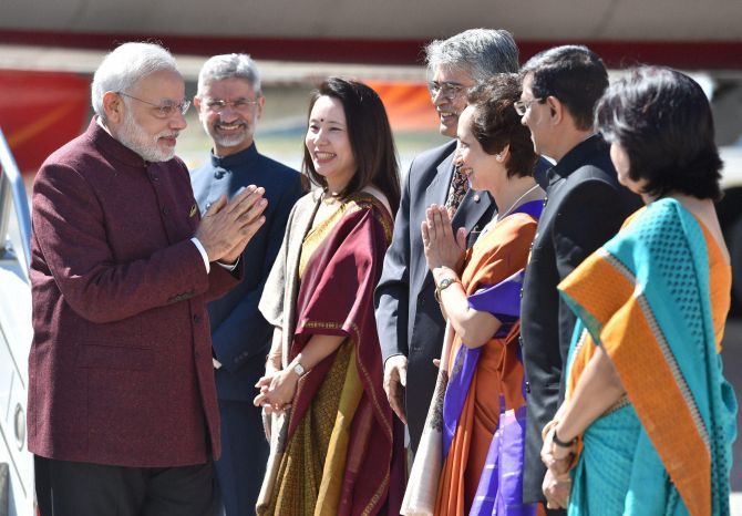 Dr S Jaishankar, second from right, with his wife Takako Jaishankar bidding farewell to Prime Minister Narendra Modi during the Indian leader's visit to the US.