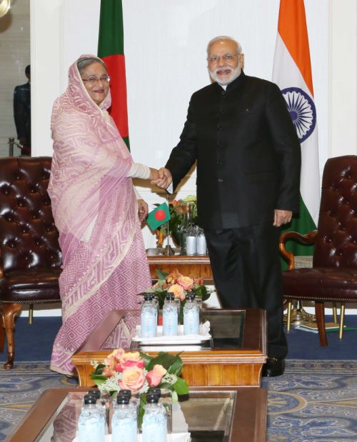 Prime Minister Narendra Modi meets with Bangladesh Prime Minister Sheikh Hasina at the United Nations. Photograph: Paresh Gandhi/Rediff.com