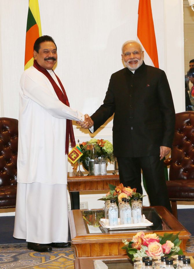 Then Sri Lankan president Mahinda Rajapaksa, left, with Prime Minister Narendra Damodardas Modi in New York, September 2014. Photograph: Paresh Gandhi for Rediff.com