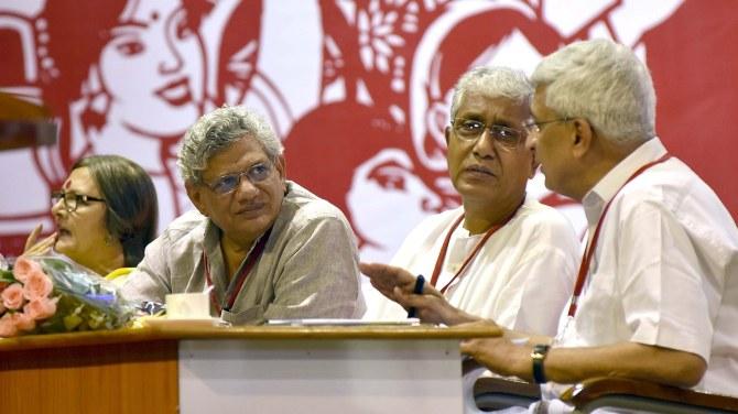 From right: Prakash Karat, Tripura Chief Minister Manik Sarkar, CPI-M General Secretary Sitaram Yechury, and Politburo member Brinda Karat at the party's 21st National Congress in Visakhapatnam. Photograph: PTI Photo