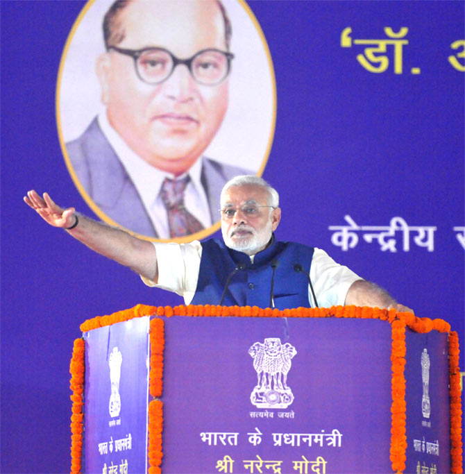 Prime Minister Narendra Modi at the foundation stone laying ceremony for the Dr Ambedkar International Centre in New Delhi, April 20, 2015. Photograph: Press Information Bureau