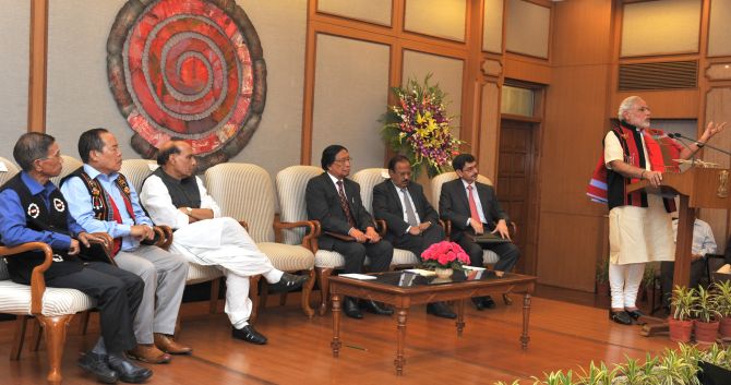 Prime Minister Narendra Modi speaks after the signing of the Naga peace accord