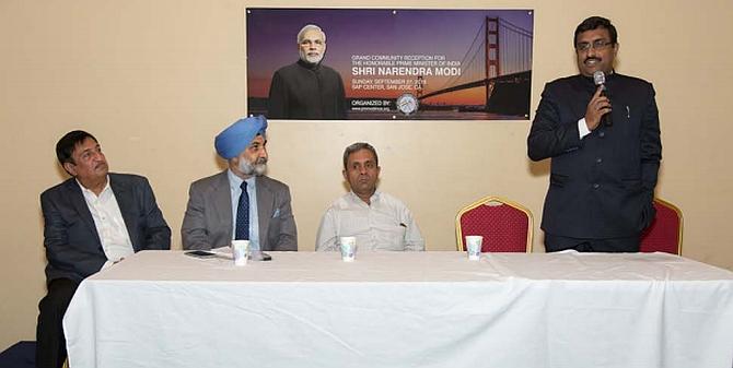 Taranjit Singh Sandhu, then deputy chief of mission of the embassy of India in Washington DC, second from left, with Chandru Bhambhra, co-chairman, Indo American Community of West Coast, left, Venkatesan Ashok, India's consul general in San Francisco, and BJP General Secretary Ram Madhav, speaking, ahead of Prime Minister Narendra Damodardas Modi's visit to Silicon Valley in 2015