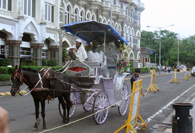A horse driven carriage outside the Taj Mahal hotel