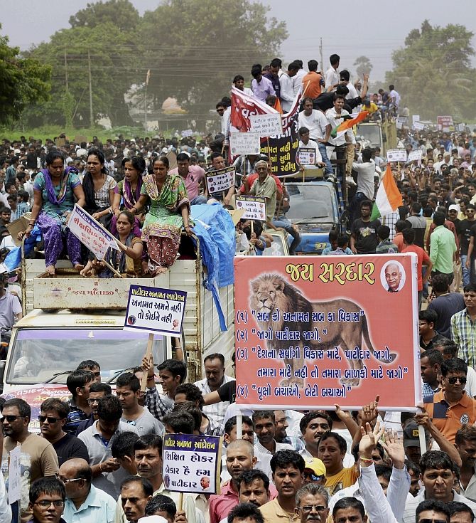Members of the Patidar or Patel community at a rally to demand reservations for their community. Photograph: PTI Photo
