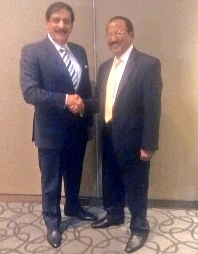 National Security Advisor Ajit Doval with his Pakistan counterpart, Lieutenant General Nasir Janjua (retd) in Bangkok in December 2015.