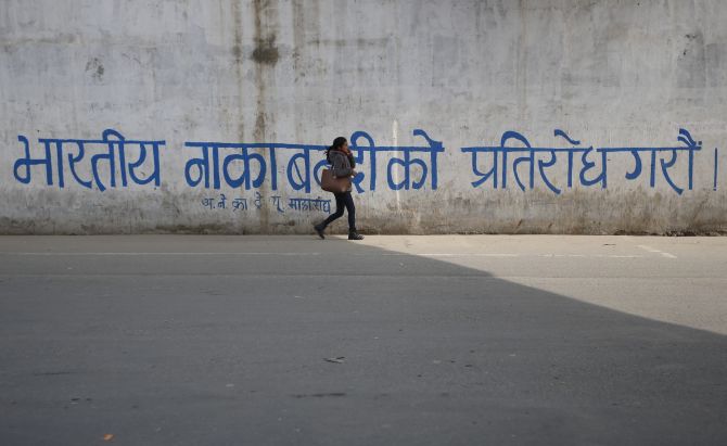 Graffiti that reads 'Let's protest against the Indian blockade' grafitti in Kathmandu. Photograph: Navesh Chitrakar/Reuters