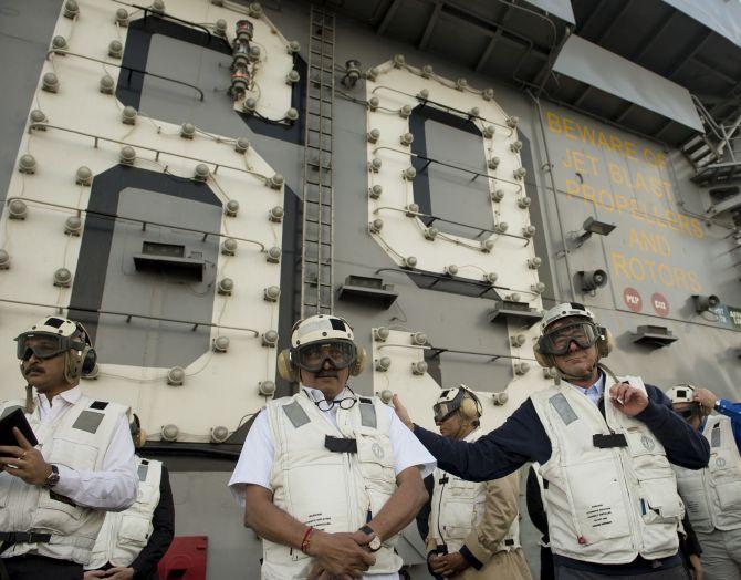 US Defence Secretary Dr Ashton Carter and Defence Minister Manohar Parrikar aboard the USS Dwight D Eisenhower.