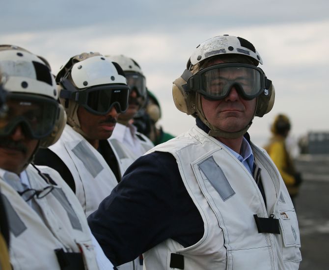 US Defence Secretary Dr Ashton Carter and Defence Minister Manohar Parrikar aboard the USS Dwight D Eisenhower. Photograph: Mark Wilson/Getty Images