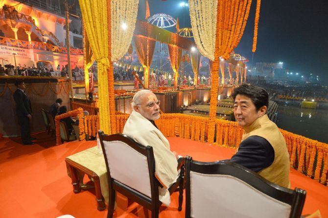 December 2015: Prime Minister Narendra D Modi and his Japanese counterpart Abe Shinzo at the Ganga Aarti at the Dashashwamedh Ghat in Varanasi.