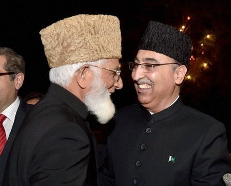 Hurriyat hardliner Syed Ali Geelani with Pakistan High Commissioner Abdul Basit in New Delhi.