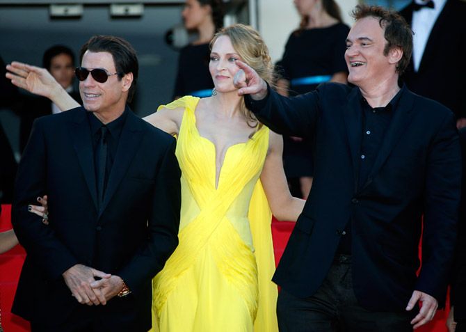 Quentin Tarantino, Uma Thurman and John Travolta at the Cannes Film Festival, May 23, 2014 where their film Pulp Fiction was presented during a special  screening for its 20th anniversary. Photograph: Eric Gaillard/Reuters 
