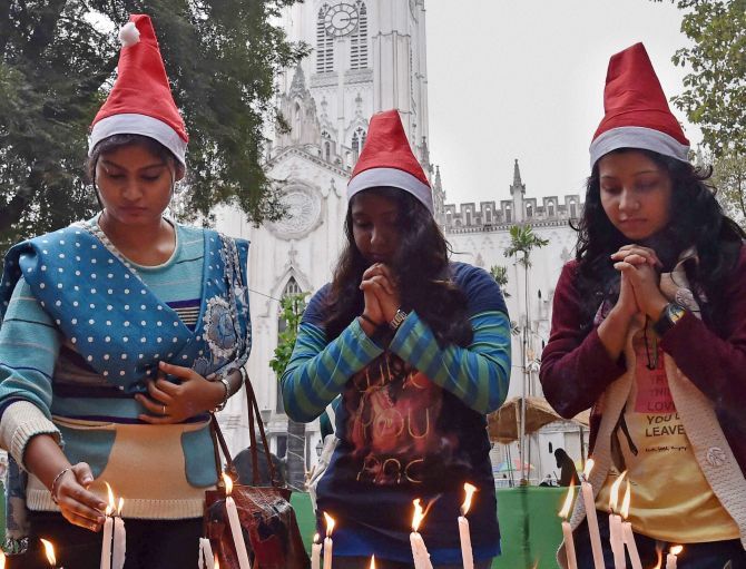 Candles lit outside St Pauls Cathedral in Kolkata, December 25, 2015. Photograph: Ashok Bhaumik/PTI