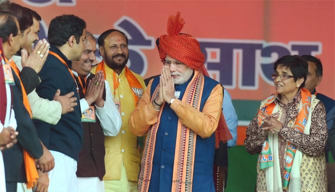 Prime Minister Narendra Modi at an election rally at Dwarka in New Delhi. Photograph: Shahbaz Khan/PTI photo